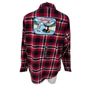 Angry Minnow Clothing Co Flannel Button Up Shirt Mens L Hamm's Beer Patch 16-12